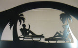Metal sign ,beach couple lounging,  palm trees