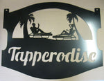 Metal sign ,beach couple lounging,  palm trees