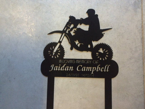 Metal in memory sign ,dirt bike sign on stake