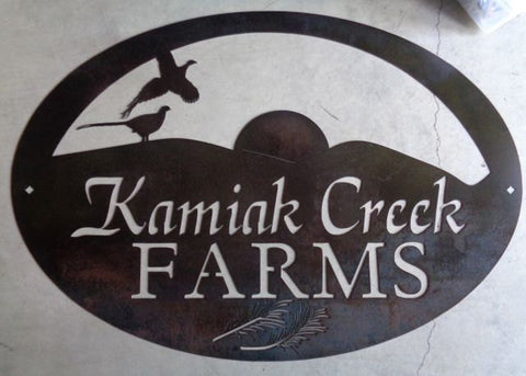 3' Metal Pheasant Sign with pheasants , hills and rising sun and wheat stalks across the bottom