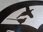 3' Metal Pheasant Sign with pheasants , hills and rising sun and wheat stalks across the bottom