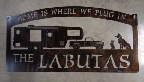 Metal campground sign, CAMPER SIGN,pickup truck, camper dog sign