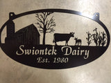 Metal DAIRY Sign with  barn ,cow,corn stalks scene customized with your name