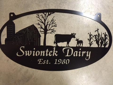 Metal DAIRY Sign with  barn ,cow,corn stalks scene customized with your name