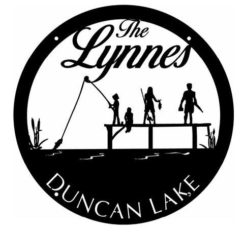 Custom metal sign with Fishing family on dock