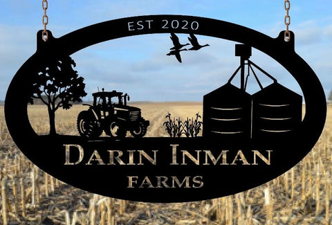 3' metal laser cut sign customized with GRAIN BIN ,TRACTOR and corn stalks