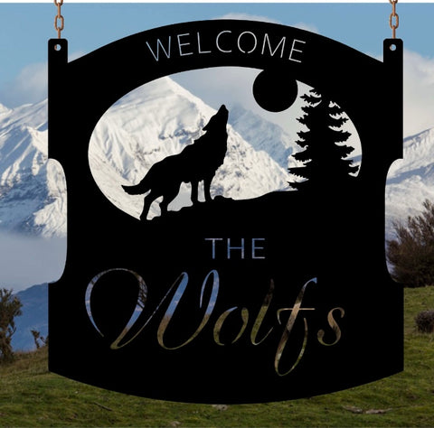Metal WOLF SIGN, 2ft Personalized wolf sign, metal SIGn with WOLF howling at the moon